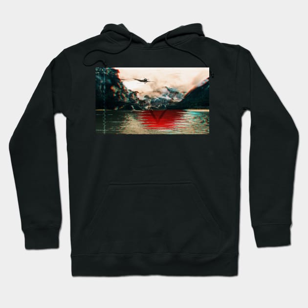 Glitch Art Kamikaze pilot over picturesque mountain lake Hoodie by Quentin1984